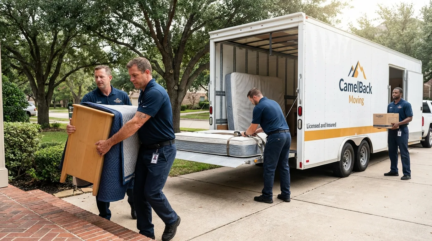 Crew loading residential truck for cross-state move from Waldron, AR