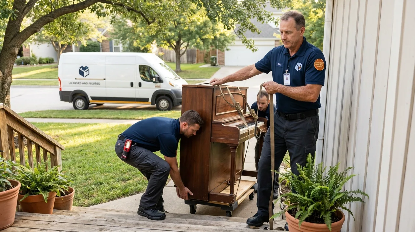 Licensed piano movers securing grand piano in Waldron, AR